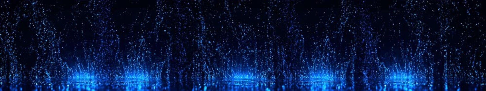 Glowing Blue Rain Splash on Dark Water Surface &ndash; Dramatic Neon Particle Effect Widescreen Loop Background