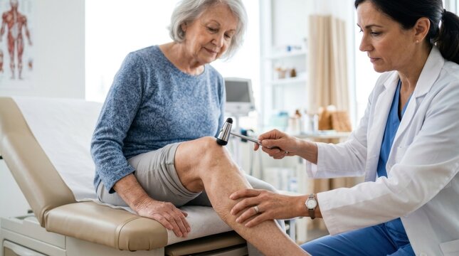 A doctor performs a neurological reflex test on an elderly patient in a bright, modern medical examination room.