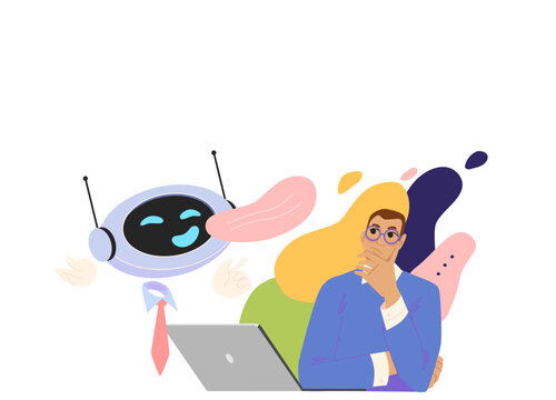 User confused by too many AI answers and generated responses from artificial intelligence chatbot. Flat vector illustration isolated on white background