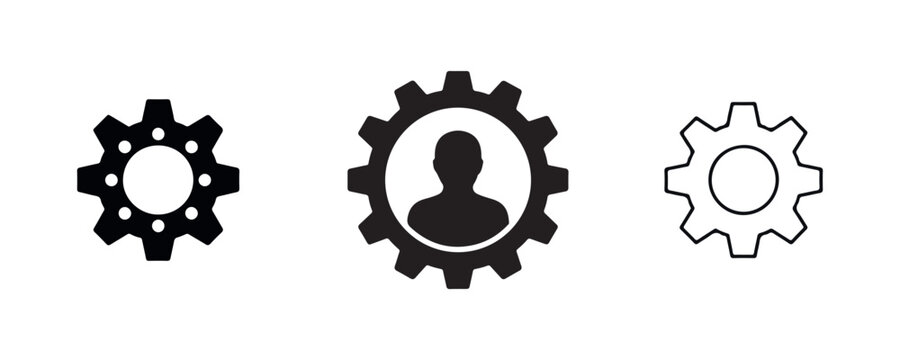Gear icons set featuring simple gear design with user profile symbol in flat black style on grid.