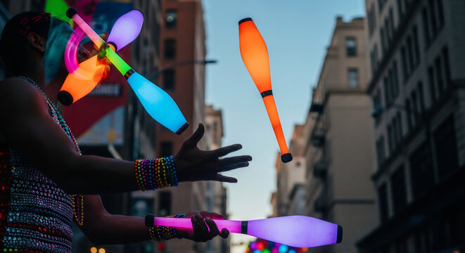 Juggler skillfully manipulates glowing clubs in a vibrant performance.