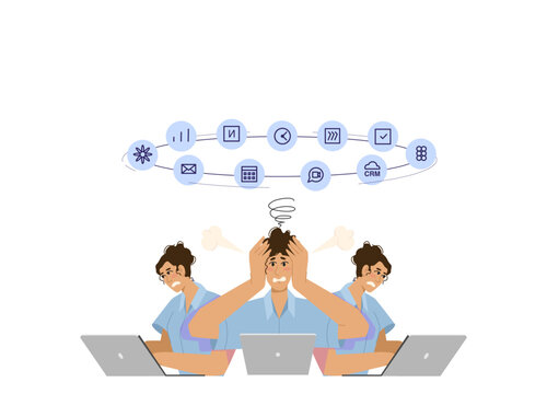 Overwhelmed employee multitasking between too many digital services and online work tools. Flat vector illustration isolated on white background