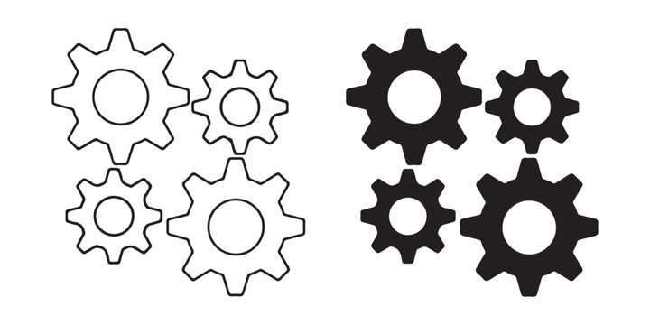 Set of four cogwheel icons in solid and line art styles for mechanical engineering design projects.