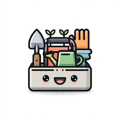 Fototapeta premium Cute cartoon illustration of a smiling delivery robot with package.