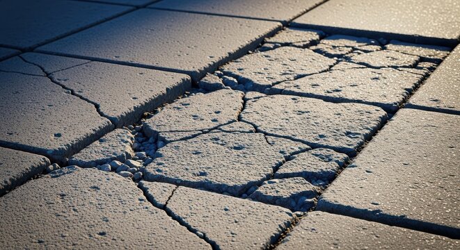 Close up view of heavily cracked and uneven concrete sidewalk slabs showing heavy wear and poor maintenance in an urban pedestrian area, dark, old, sturdy