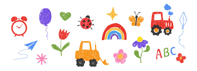 Chalk scribble set childlike elements, crayon pencil kindergarten doodle icons. Preschool bug, stars, flowers, games in sketch style © Alyona