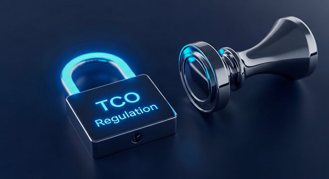 EU TCO Regulation Concept with Glowing Padlock and Metal Rubber Stamp