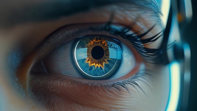 Intricate cybernetic eye with a mesmerizing luminous iris, showcasing advanced digital design and the fusion of technology with human perception
