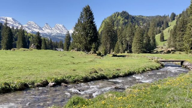 Panoramic view of the Churfirsten mountain range in the Swiss Alps, Toggenburg region, St. Gallen, Switzerland.