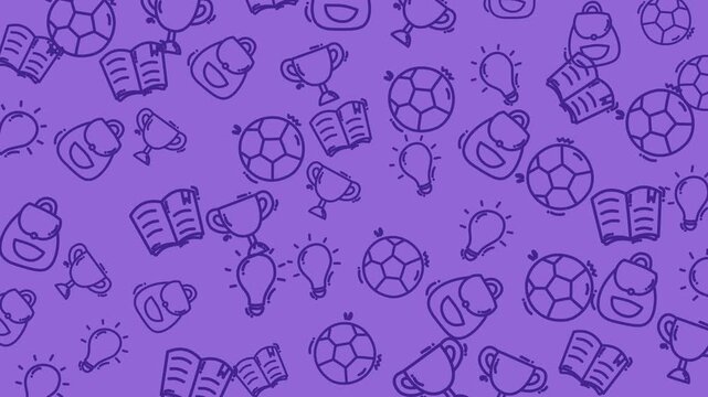 Purple background with doodled school and sports icons. Trophies, books, and light bulbs suggest creativity and achievement. Perfect for educational or motivational designs