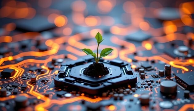 A small green plant with three leaves is emerging from the center of a digital circuit board, which features glowing orange lines and components