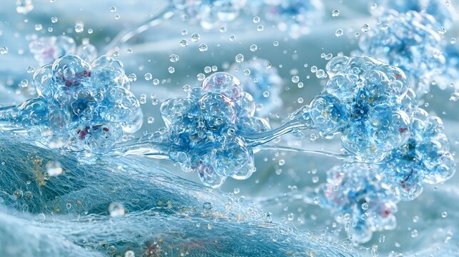 Liquid bubbles deeply clean enlarged fabric fibers. blood stains, coffee stains, sauces remove, 3d rendering.	
