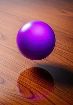 An unnerving image of a perfectly spherical purple object hovering motionlessly above a smooth polished wooden surface, illustrating physics defiance, sphere, tension, bizarre