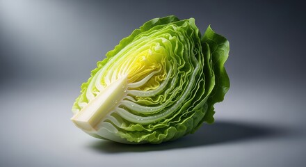 Fototapeta premium Crisp, vibrant lettuce wedge glistening with fresh water drops, embodying healthy eating and garden-fresh produce on a simple surface, diet, food, vibrant