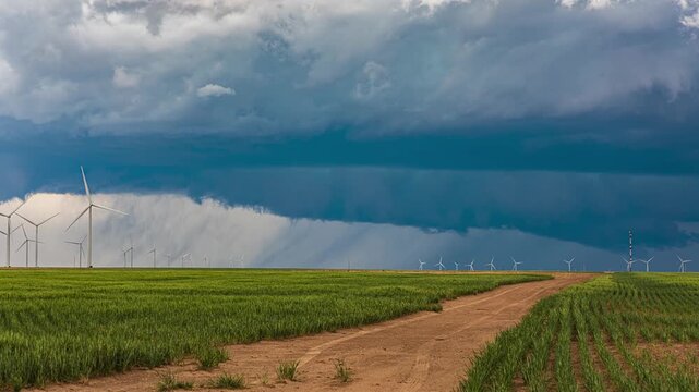 Rotating Wall Cloud Supercell Over Wind Turbines and Wheat Fields Timelapse