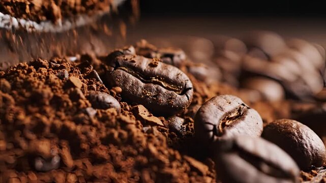 Closeup Macro Shot of Freshly Ground Coffee Beans and Powder.