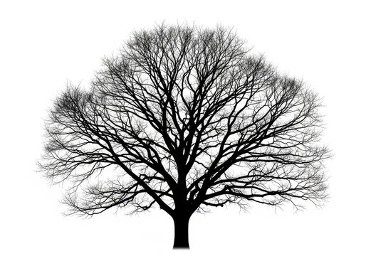 Dramatic silhouette of a large, bare deciduous tree standing alone, defined purely by its stark outline against an intensely isolated white background, nature, studio, structure