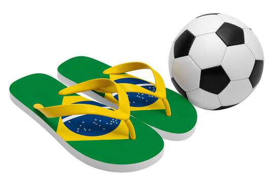 Soccer ball and brazilian flag sandals with football flipflops vacation