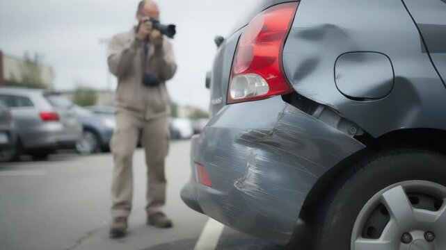 Auto damage expert photographing rearend collision on a compact car in a parking lot focusing on dents while the surrounding vehicles remain out of focus.