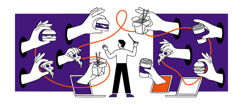 Food delivery service conductor concept illustration showing hands holding fast food pizza burgers and coffee connect by lines from laptops flat vector banner for online restaurant order logistics