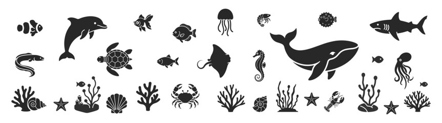Marine ocean icon set with underwater animals fish coral whale shark and sea life silhouettes © Виталий Опришко