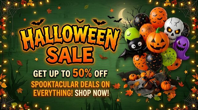 Halloween sale banner with balloons and string lights on green background