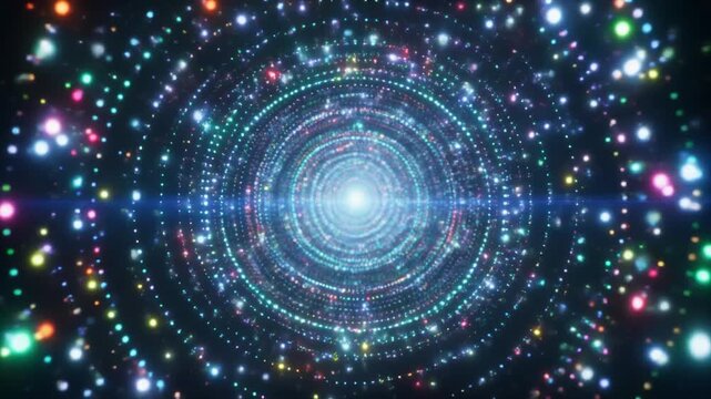 Dynamic digital tunnel of vibrant, glowing light particles creating an immersive, futuristic pathway into an abstract data universe, symbolizing technological advancement and connectivity