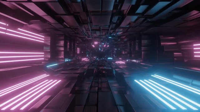 Futuristic neon-lit sci-fi corridor with glowing blue and pink lights creating an immersive tunnel experience