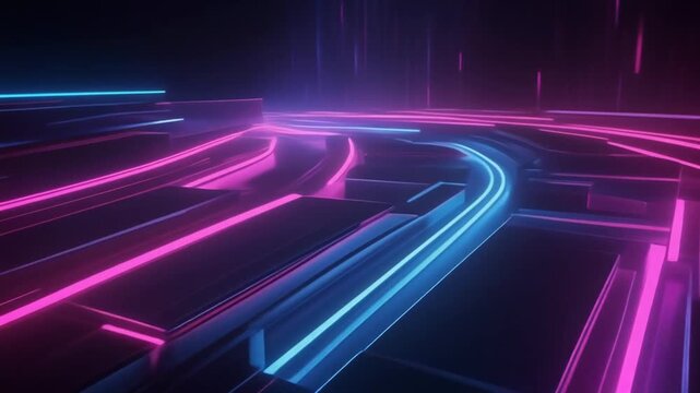Futuristic abstract background with vibrant neon lines of blue and pink, showcasing a digital circuit pathway or cityscape