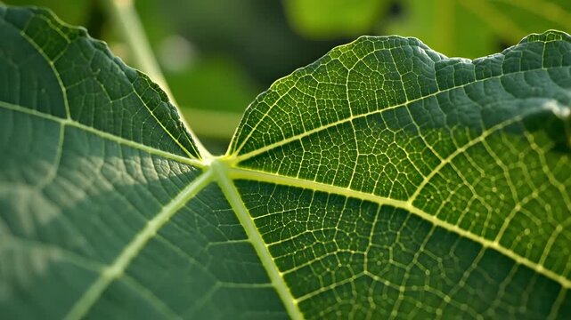 Closeup of a vibrant green fig leaf with intricate vein patterns 1.
