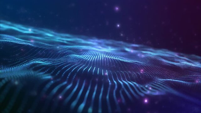 Abstract glowing blue and purple wave pattern with shimmering lights, representing a digital network or scientific data visualization
