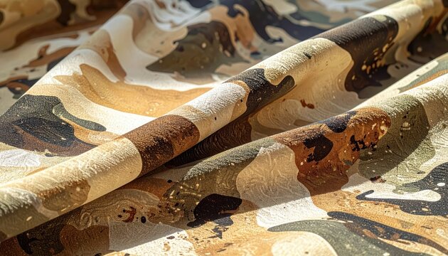 Close up view of a digital desert camouflage pattern fabric showcasing intricate textures and earthy tones