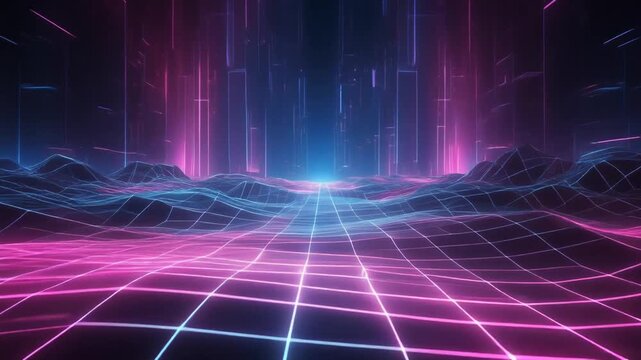Retro Futuristic Digital Landscape with Neon Grid and Vertical Beams