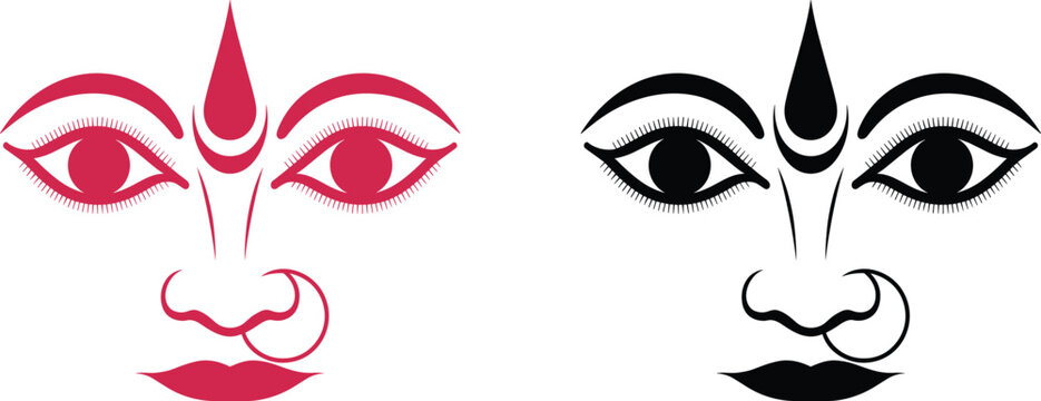 Two stylized faces one red and one black with large eyes and nose rings on white background lips bindi