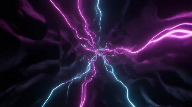 Abstract glowing neon lightning strikes illuminating a dark, ethereal, and abstract tunnel with a sense of motion and energy