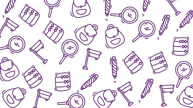 Purple doodles float on white background. Hand-drawn icons depict tools, books, and daily items. Simple lines show curiosity, learning, and routine. Ideal for education, creativity