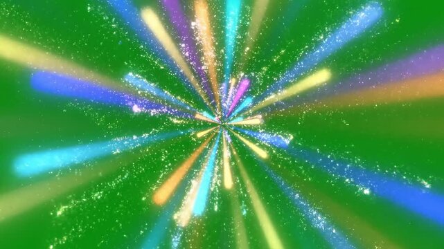 Multi colored light rays bursting and expanding from the center on a green screen background stock video