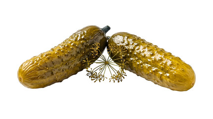 Fototapeta premium Two salty dill pickles with fresh herbs on transparent background.