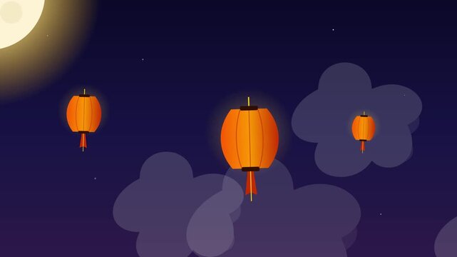 Chinese Lanterns Floating in Night Sky toward Full Moon