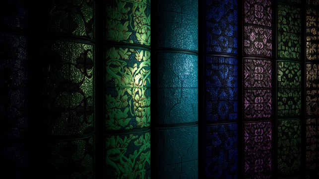 Dark decorative tile panels with green and blue light