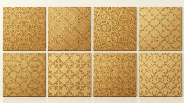 Collection of eight seamless ornamental golden geometric patterns featuring intricate lattice, trellis, and traditional decorative designs