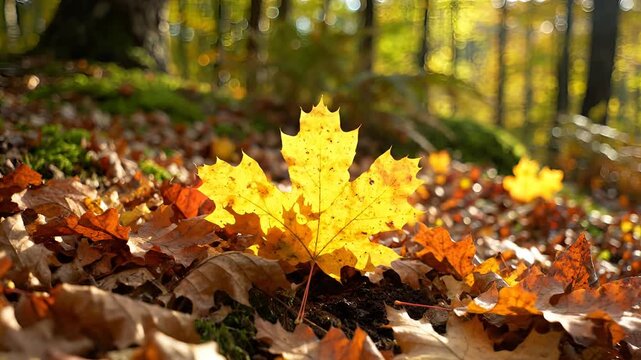Golden Autumn Forest Floor Covered in Colorful Fallen Leaves.