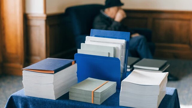 Closeup of pamphlets and brochures neatly arranged on a table display with a pension expert conversing softly in the unfocused background.