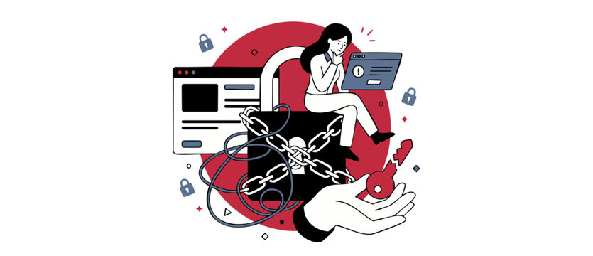 Cyber security breach data lock concept with worried woman sitting on chained padlock looking at browser warning alert while big hand holds broken key for password access recovery failure banner.
