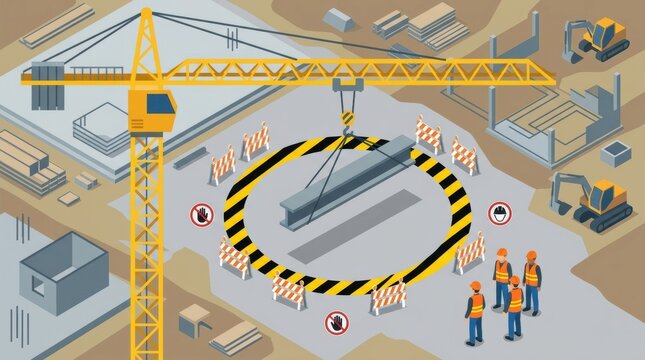 A crane lifts a heavy load at a construction site where workers watch. Safety signs and barriers are present for job site safety.