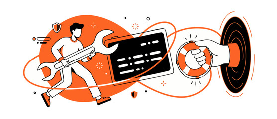 Fototapeta premium IT Support Technical Help Service holding wrench and lifebuoy rescue concept for system maintenance, troubleshooting software issues, online customer hotline assistant, orange vector illustration