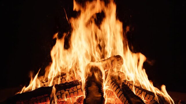 Slow motion close up static shot of wooden logs burning with flames flickering and glowing embers in campfire at night