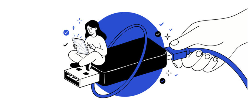 USB flash drive illustration woman using tablet for data transfer and storage concept. Hand connecting blue cable to memory stick, minimalist line art vector graphic for technology and IT business.