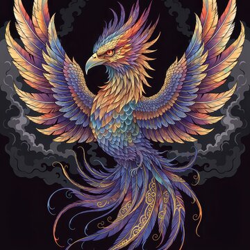 Majestic phoenix bird with glowing wings and colorful feathers in fantasy illustration style, mythical firebird artwork for posters, gaming, book covers, wallpapers