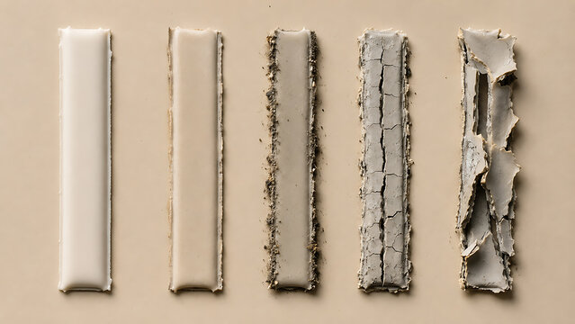 Set of five rectangular material strips showing progressive wear and aging texture with material weathering degradation comparison abstract rectangular industrial structural